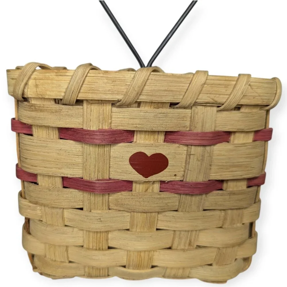 Vintage Hand Crafted & Signed 1993 Woven Hanging Basket with Metal Heart Accent